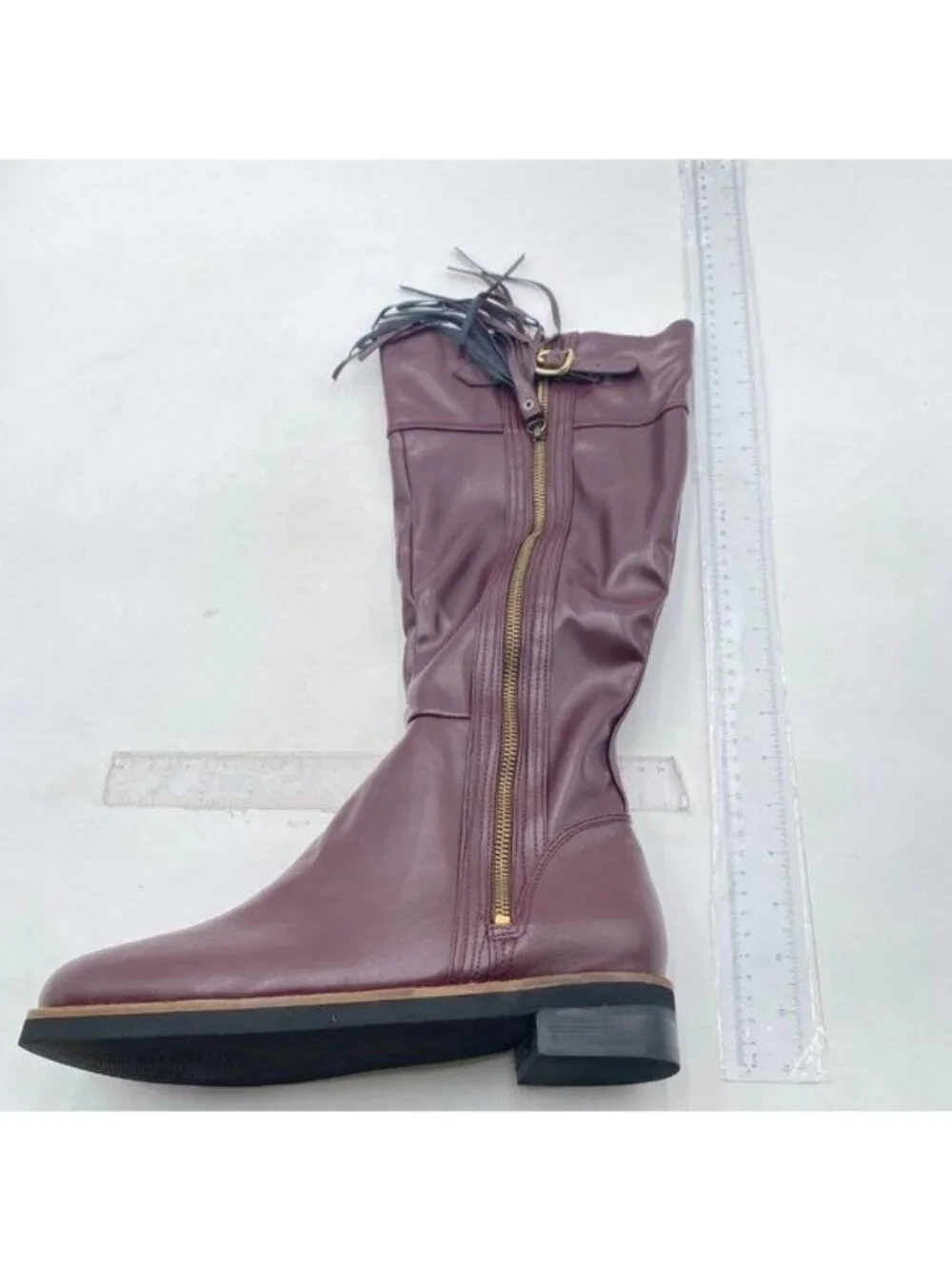 Wine Side Zipper Riding Knee High Long Boots Round Toe Low Chunky Heels Shoes